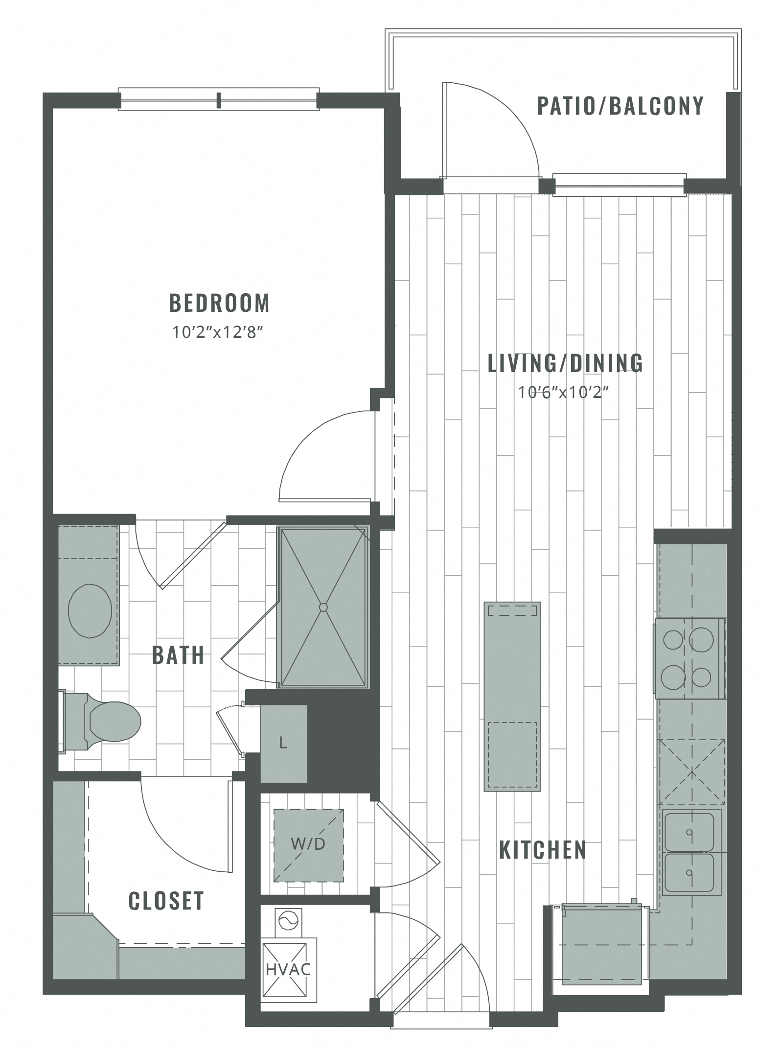 Floor plan for 1 bed, 1 bath, 591 sqft